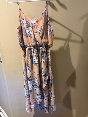 Sienna Sky Peach Floral Midi Dress with Blue and White Flowers